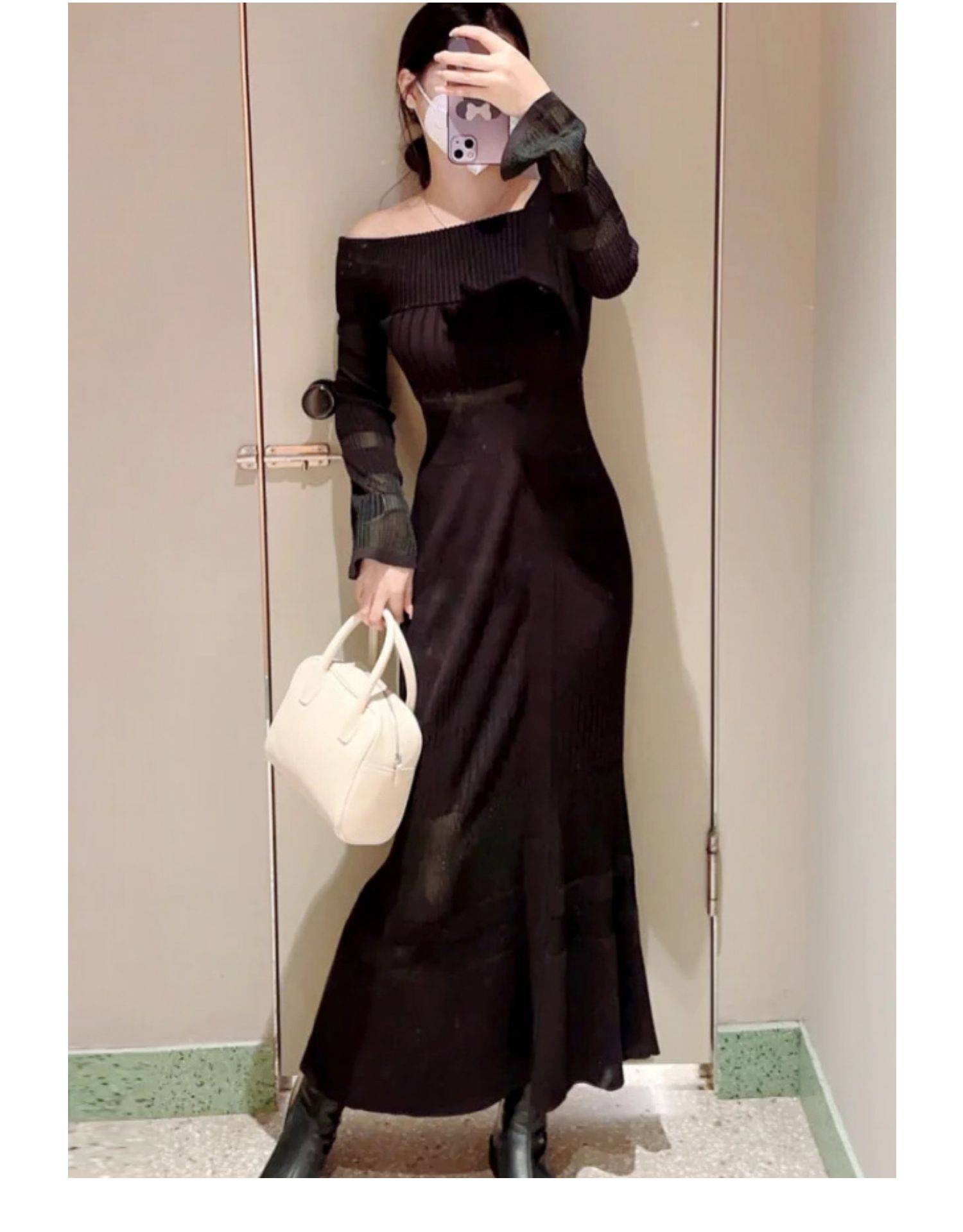 NY購入 カラーブロッキング 伸縮美形フィットワンピース フィット＆フレアノースリーブロングワンピース＜大きいサイズ有