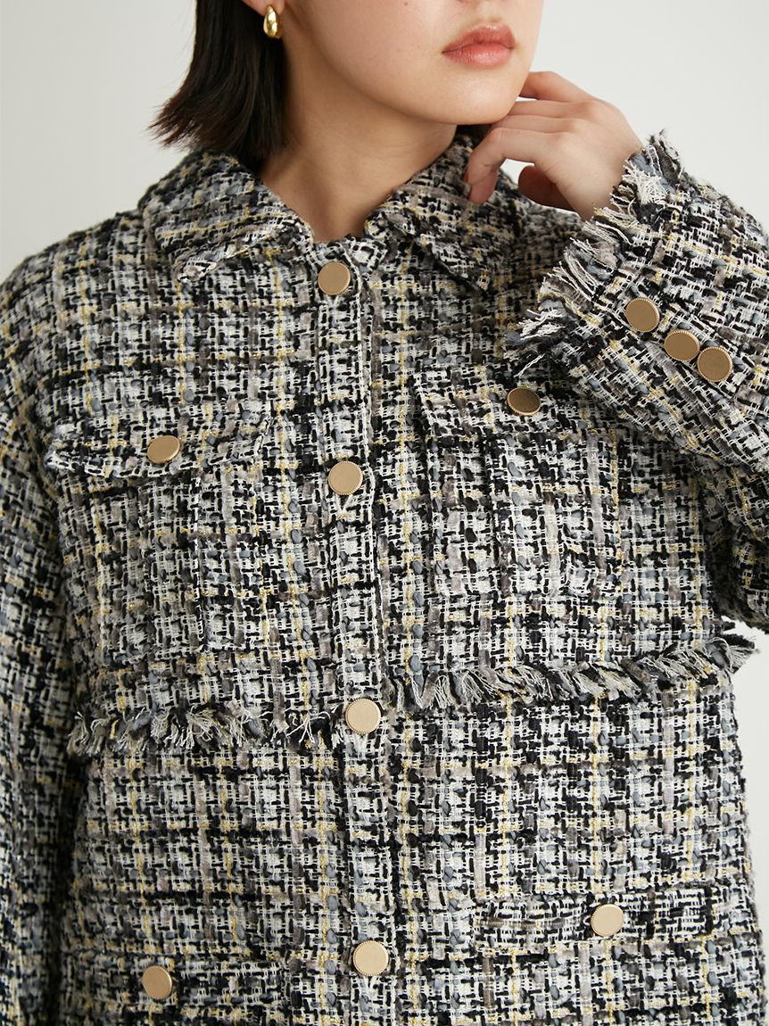 Michel アイボリー フリンジ付きツイードジャケット　サイズ40 フリンジデザインツイードジャケット | titivate